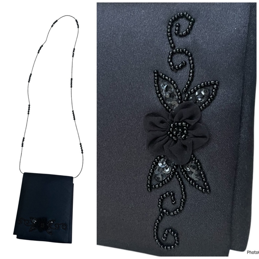 Jessica McClintock Vintage Black Satin Beaded Floral Formal Evening Bag